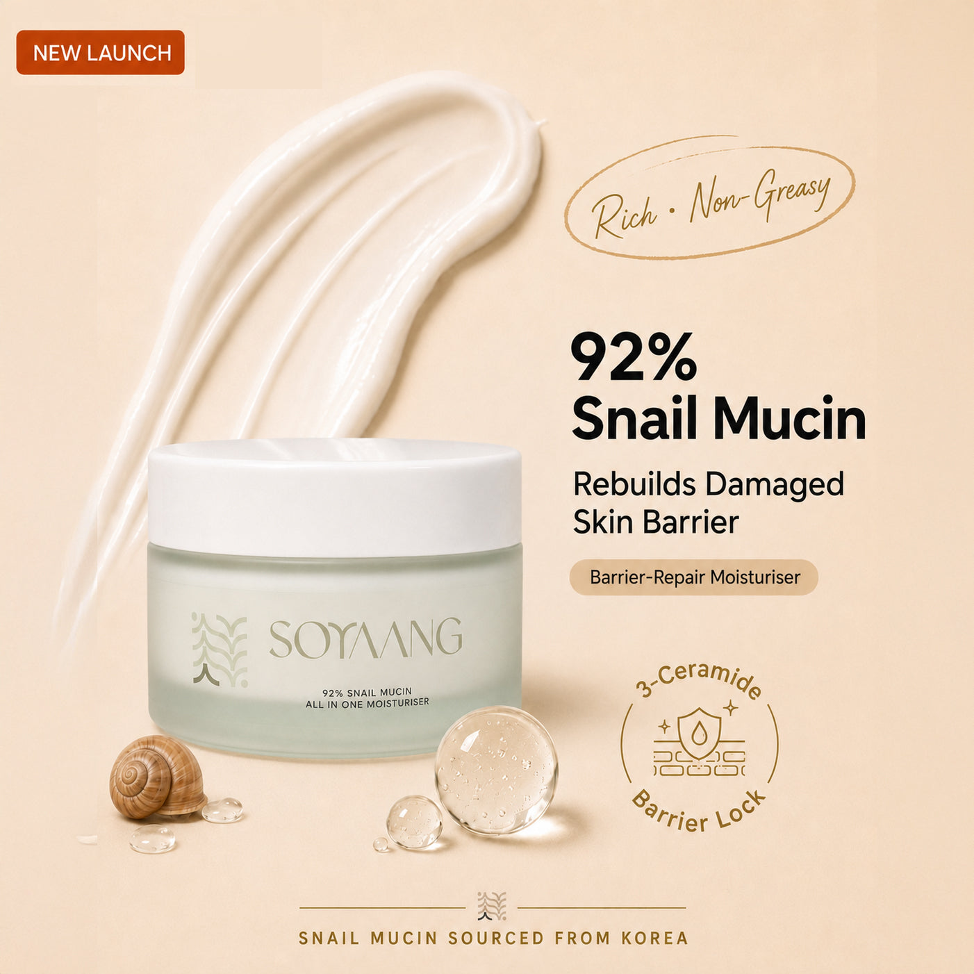 92% Snail Mucin All-in-One Moisturiser with Ceramides, Lactic Acid & Adenosine