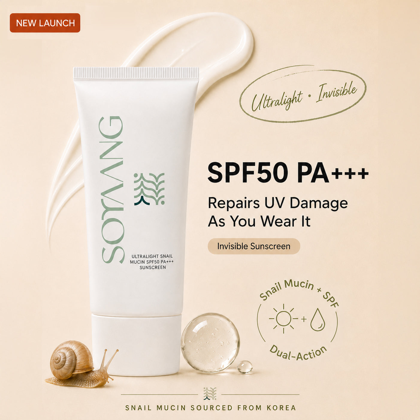 Ultralight Snail Mucin SPF50 PA+++ Sunscreen with Ceramides, Zinc Oxide & Green Tea